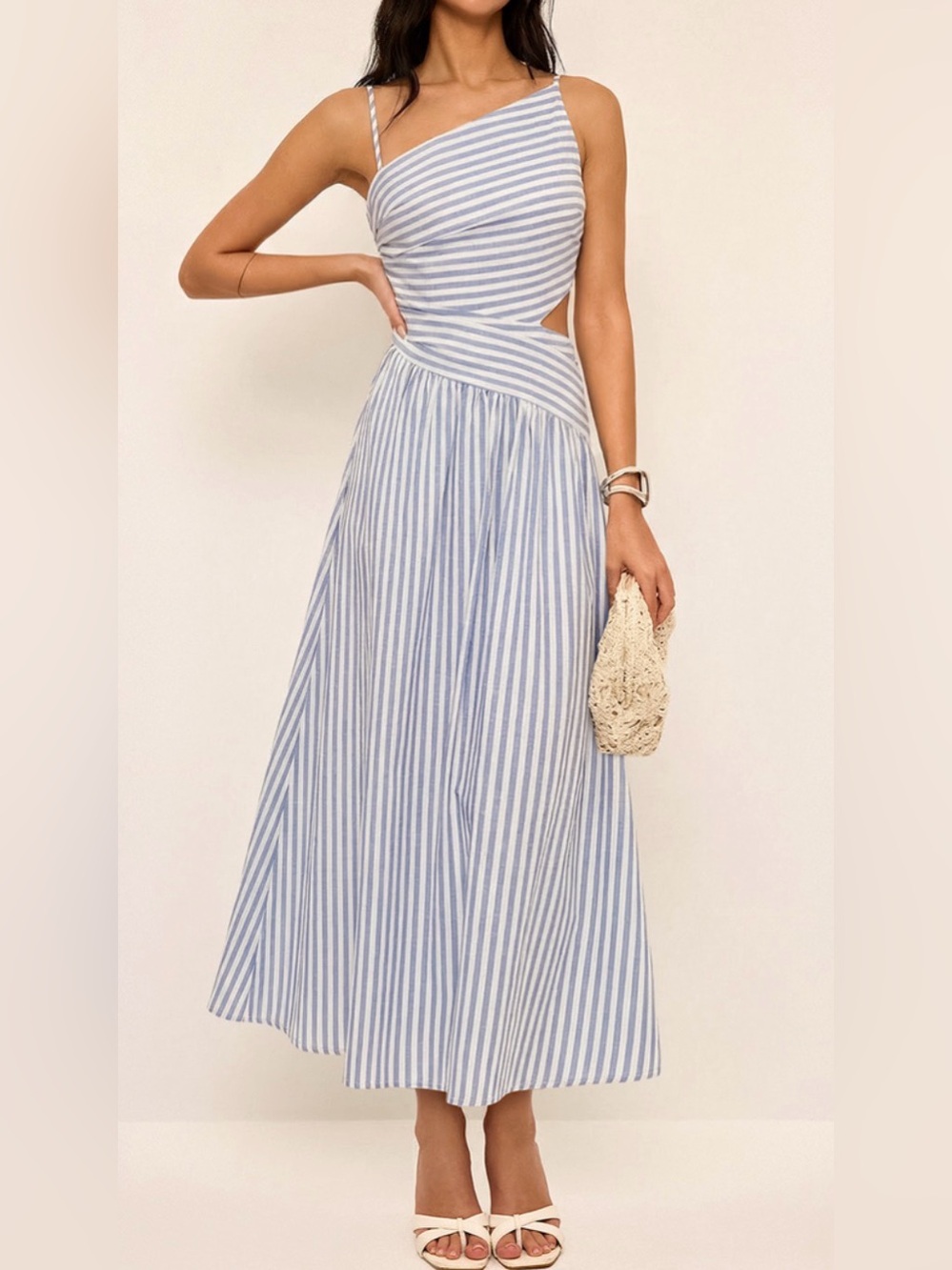 NWT Commense Blue and White Striped One-Shoulder Maxi Dress